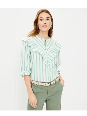 LOFT Mint and White Striped Ruffle-Front Button Down